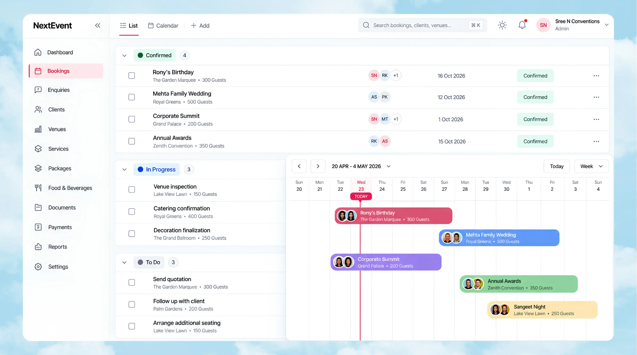 NextEvent venue and banquet management software dashboard